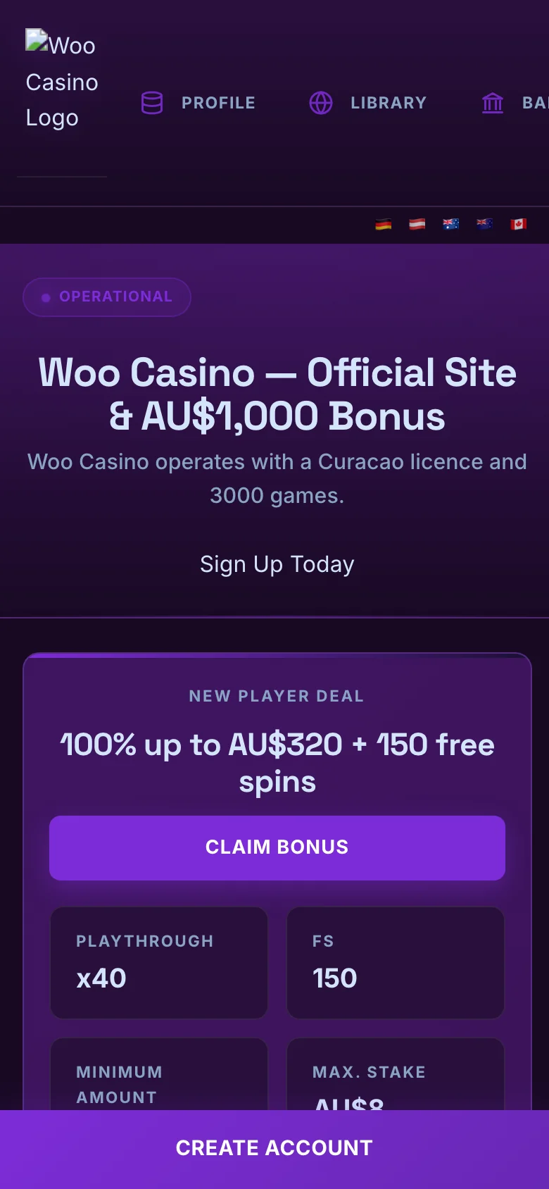 Woo Casino mobile lobby screenshot